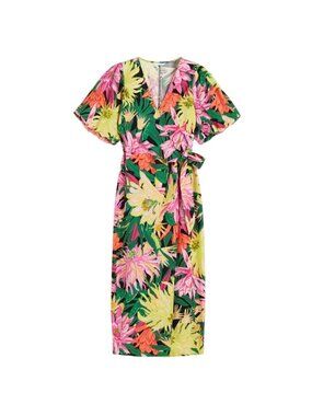 H&M Puff Sleeve Wrap Dress Green Floral Tropical Print XXL